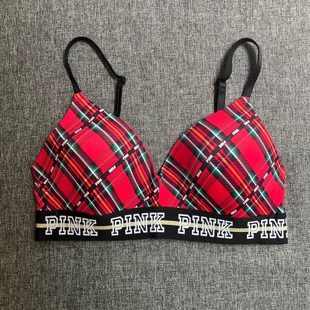 Victoria’s Secret PINK Wear Everywhere Wireless Lightly Lined Bra Logo Plaid 32C